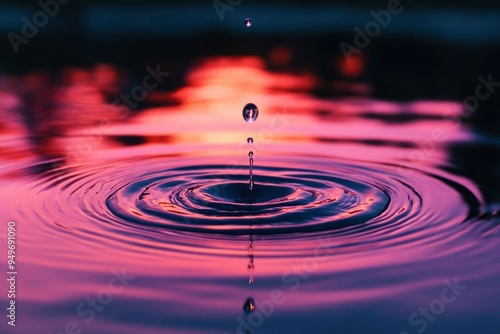 Water Droplet Impacting Still Water with Ripples and Pink Reflection photo