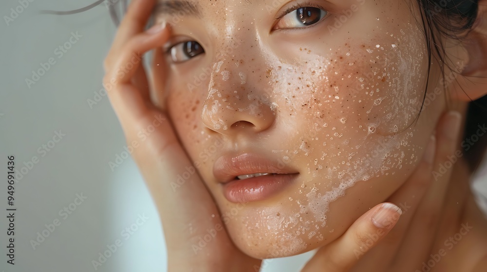 A close-up of an Asian model exfoliating her face with a gentle scrub, highlighting her smooth and renewed skin, soft lighting, clean and simple background, emphasizing the exfoliation process, A close-up of an Asian model exfoliating her face with a gentle scrub, highlighting her smooth and renewed skin, soft lighting, clean and simple background, emphasizing the exfoliation process,