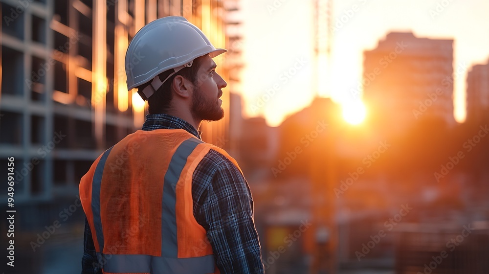 Construction site manager standing wearing safety vest and helmet thinking at construction site Young architect watching construction site with confidence : Generative AI Construction site manager standing wearing safety vest and helmet thinking at construction site Young architect watching construction site with confidence : Generative AI