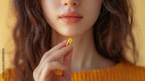 Woman holding vitamin pill on beige background closeup Health supplement : Generative AI