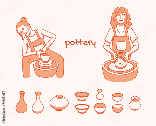 Fabrication artisanale de création de pots, vases et bols en terre cuite par deux femmes en train de faire de la poterie