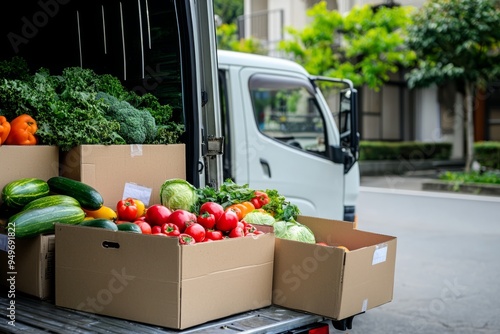 Delivery truck with fresh produce arriving at a restaurant during peak hours. Boxes of vegetables and fruits, Generative AI