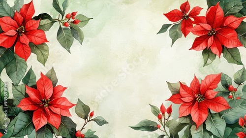 Vibrant red poinsettia flowers frame soft, pastel background, creating festive and cheerful atmosphere perfect for holiday decorations.