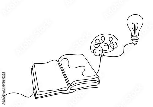 Continuous line art of books, lamp, and brain symbolizing education and study concepts