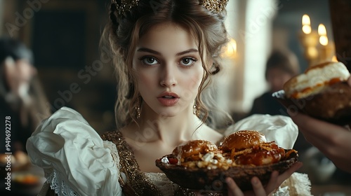 Favorite fast food tastes Medieval people as a royalty persons in vintage clothing eating fast food on dark background Concept of comparison of eras modernity and renaissance style Cre : Generative AI photo