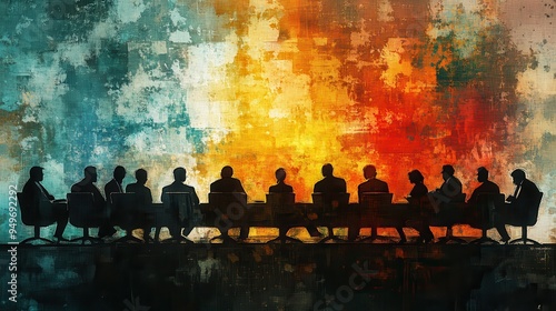 Wallpaper Mural Silhouettes of business people in conference room against vibrant abstract background, symbolizing collaboration and decision making. Torontodigital.ca