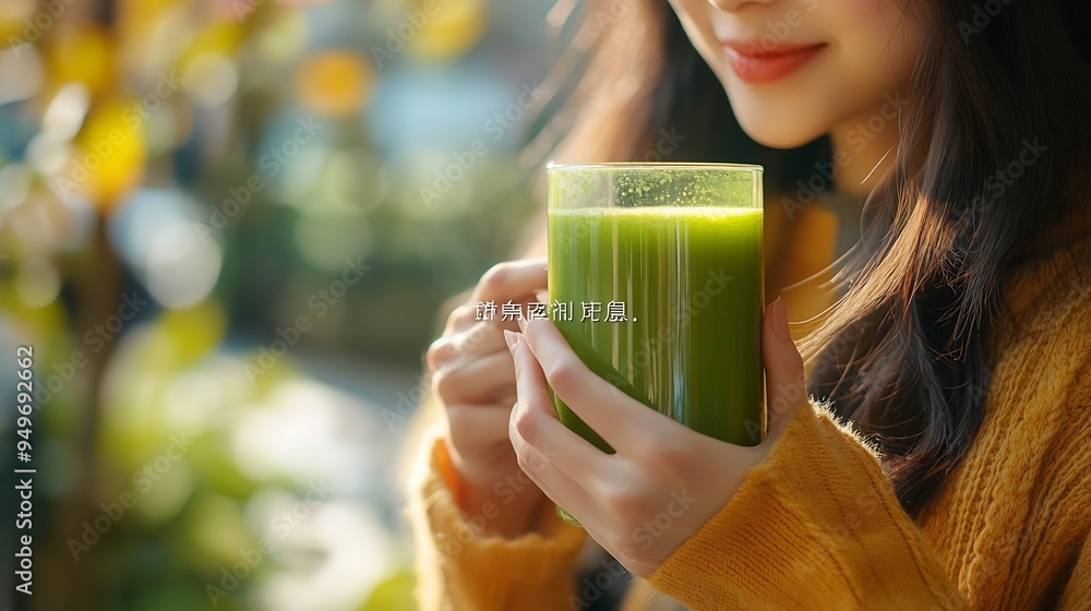 Middleaged Japanese women drinking green juice Images of health food and other products Closeup of hand without face : Generative AI Middleaged Japanese women drinking green juice Images of health food and other products Closeup of hand without face : Generative AI