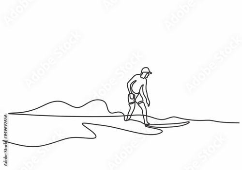 Minimalist continuous line drawing of a man surfing on the beach for adventure concept