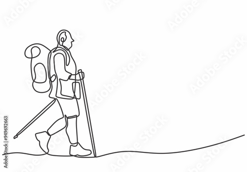 Minimalist Continuous Line Art of a Solo Hiker Climbing a Mountain with a Stick
