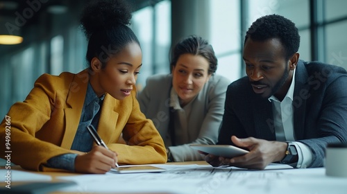 Diverse group of civil engineer and client working together on architectural project reviewing construction plan and building blueprint using tablet at meeting table Prudent : Generative AI