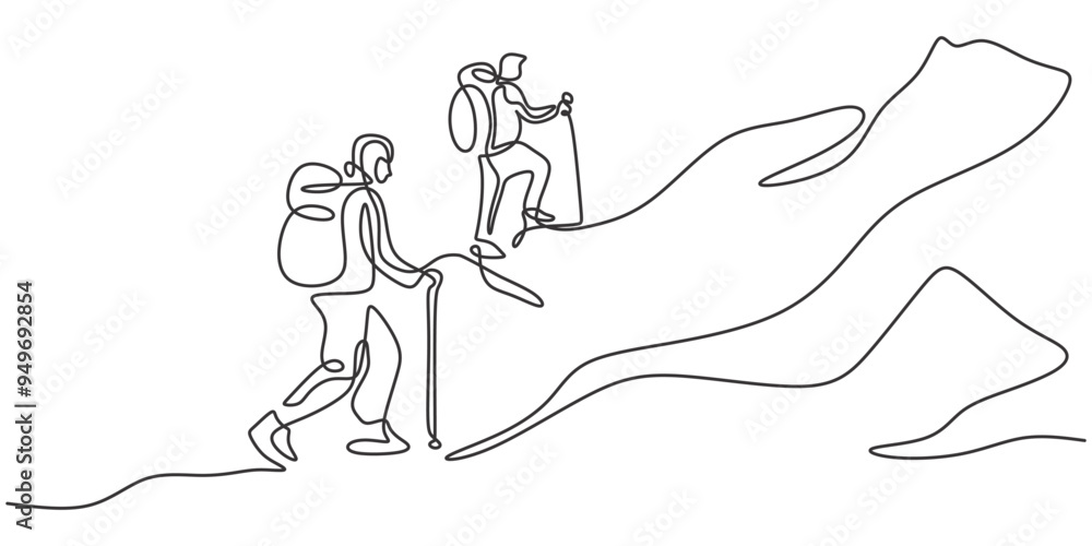 Minimalist Hand-Drawn Vector of Two Hikers Climbing a Mountain with Sticks Minimalist Hand-Drawn Vector of Two Hikers Climbing a Mountain with Sticks
