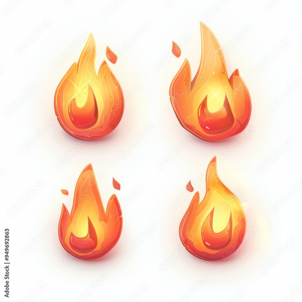Set of four icons of fire for game Set of four icons of fire for game