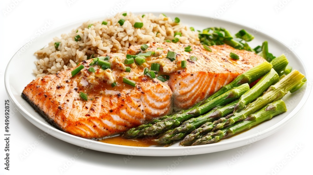 A healthy and delicious meal featuring grilled salmon, asparagus, and brown rice. Perfect for a nutritious and balanced diet. A healthy and delicious meal featuring grilled salmon, asparagus, and brown rice. Perfect for a nutritious and balanced diet.