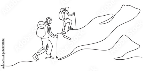 Minimalist Hand-Drawn Vector of Two Hikers Climbing a Mountain with Sticks