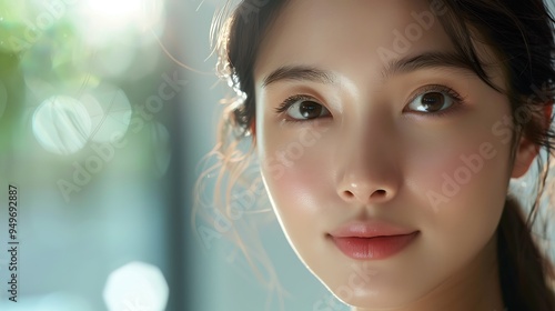 A close-up of an Asian model using anti-aging serum, highlighting her smooth and youthful skin, soft lighting, clean and minimalist background, capturing the essence of youthful radiance, hd quality,