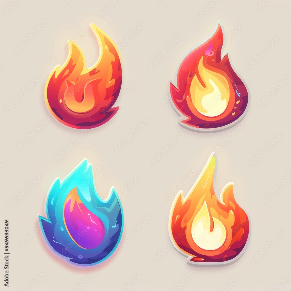 Set of four icons of fire for game Set of four icons of fire for game