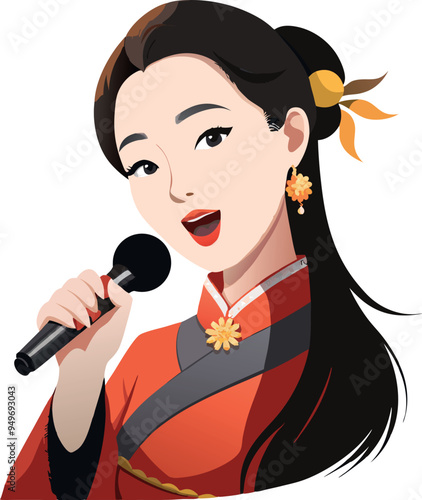 Beautiful asian woman wearing traditional dress singing with microphone