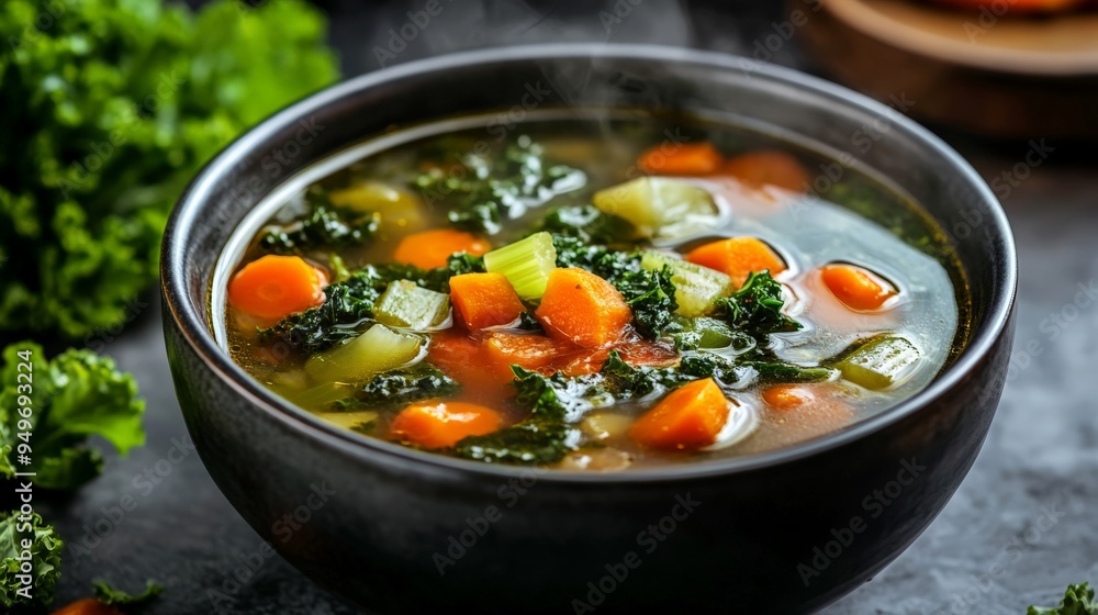 A steaming bowl of vegetable soup with carrots, celery, and kale, served in a rustic black bowl, perfect for a healthy meal. A steaming bowl of vegetable soup with carrots, celery, and kale, served in a rustic black bowl, perfect for a healthy meal.