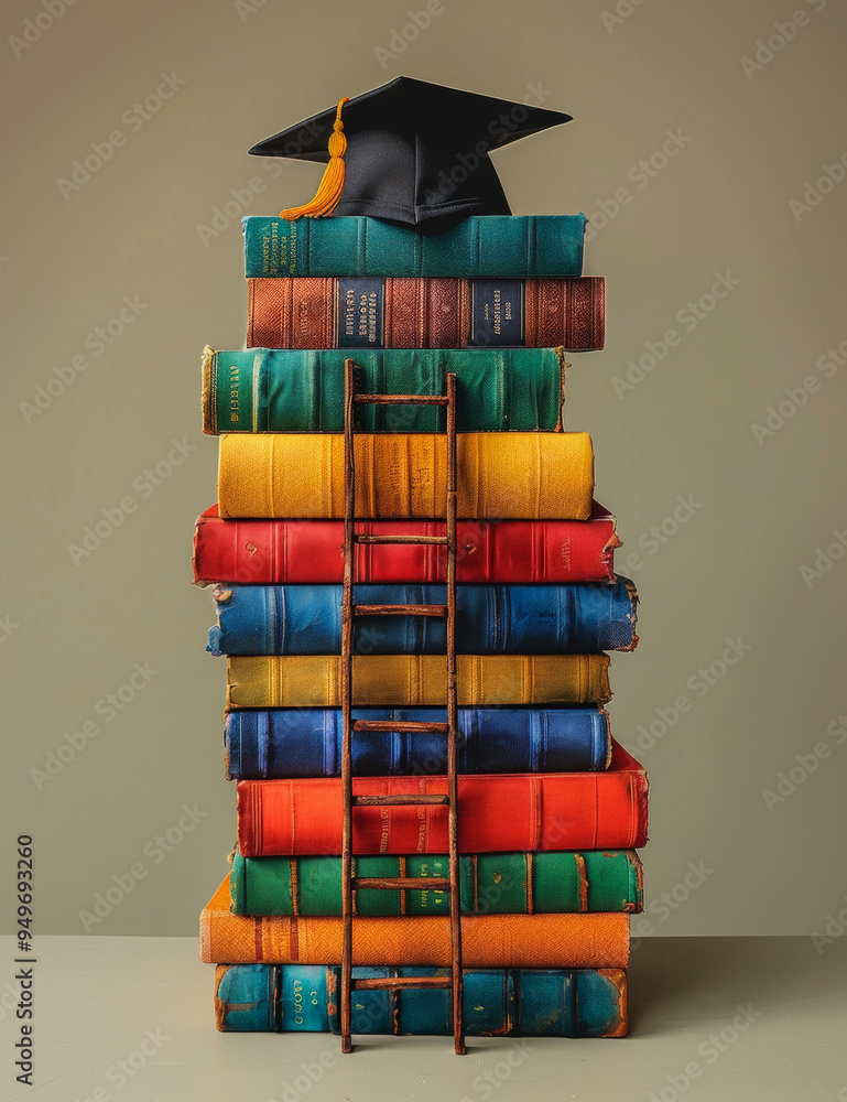 Graduation cap atop colorful stacked books for education. A tower of ...