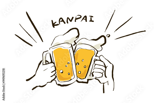 ビールの乾杯イラスト(KANPAI、カラー01)