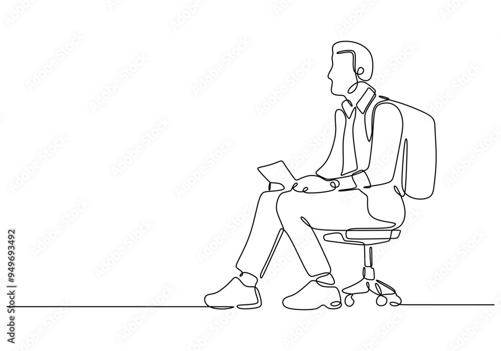 Minimalist Continuous Line Art of Job Seeker Sitting with Bag on Chair Minimalist Continuous Line Art of Job Seeker Sitting with Bag on Chair