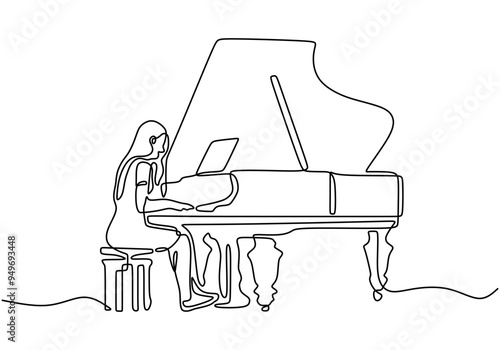Minimalist single line art of a woman playing piano in a stylish design
