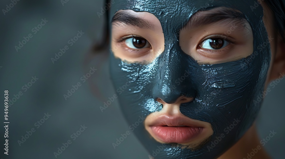 A close-up shot of an Asian model applying a charcoal mask, soft lighting, clean background, emphasizing detox skincare routine and rejuvenation, hd quality, beauty focus. --ar 16:9 --v 6. A close-up shot of an Asian model applying a charcoal mask, soft lighting, clean background, emphasizing detox skincare routine and rejuvenation, hd quality, beauty focus. --ar 16:9 --v 6.
