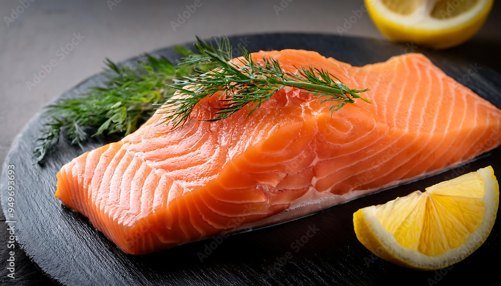 Fresh salmon meat for making fish steaks with lemon and rosemary above. Fresh salmon meat for making fish steaks with lemon and rosemary above.