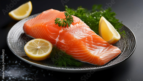 Fresh salmon meat for making fish steaks with lemon and parsley above.