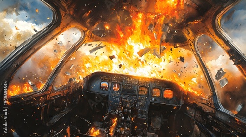 Inside a burning airplane, fire erupts as debris flies, capturing the intense chaos and fault in the structure, watercolor depiction of disaster