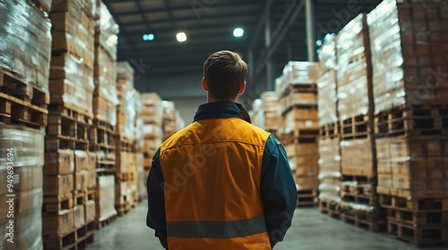 Pallet with nothing on it Male worker is in the empty warehouse : Generative AI