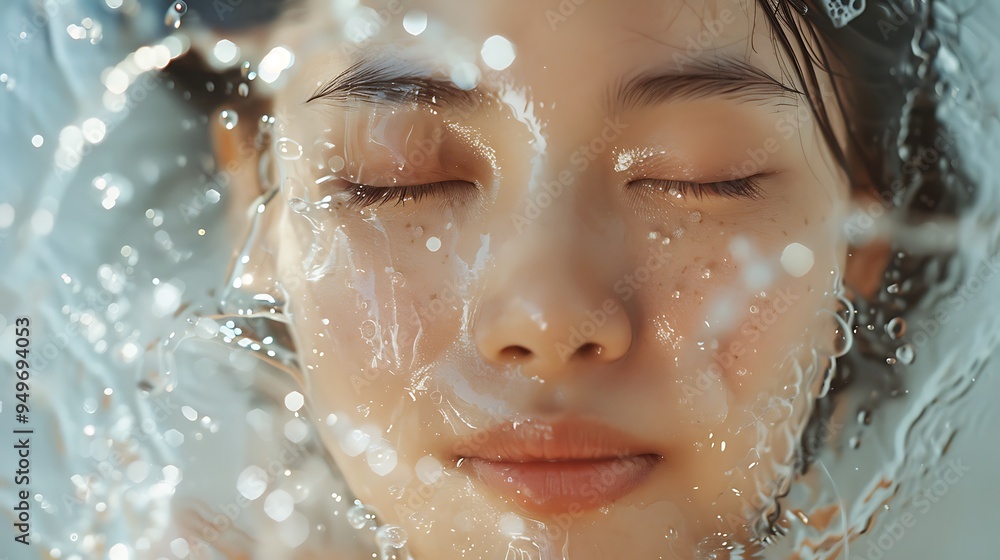 A close-up shot of an Asian model washing her face, water splashing in all directions, her eyes closed and a serene expression, morning light illuminating the scene, clean and fresh bathroom setting, A close-up shot of an Asian model washing her face, water splashing in all directions, her eyes closed and a serene expression, morning light illuminating the scene, clean and fresh bathroom setting,