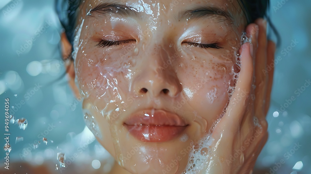 A close-up shot of an Asian model washing her face, water splashing in all directions, her eyes closed and a serene expression, morning light illuminating the scene, clean and fresh bathroom setting, A close-up shot of an Asian model washing her face, water splashing in all directions, her eyes closed and a serene expression, morning light illuminating the scene, clean and fresh bathroom setting,