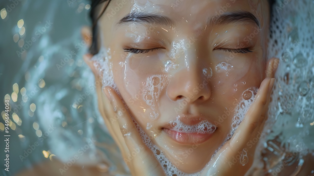 A close-up shot of an Asian model washing her face, water splashing in all directions, her eyes closed and a serene expression, morning light illuminating the scene, clean and fresh bathroom setting, A close-up shot of an Asian model washing her face, water splashing in all directions, her eyes closed and a serene expression, morning light illuminating the scene, clean and fresh bathroom setting,
