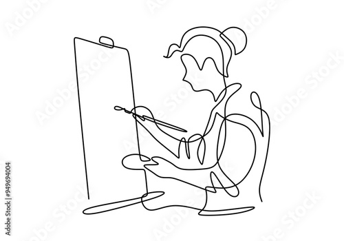 Minimalist Vector Illustration of a Woman Artist Painting on Canvas in Continuous Line Art