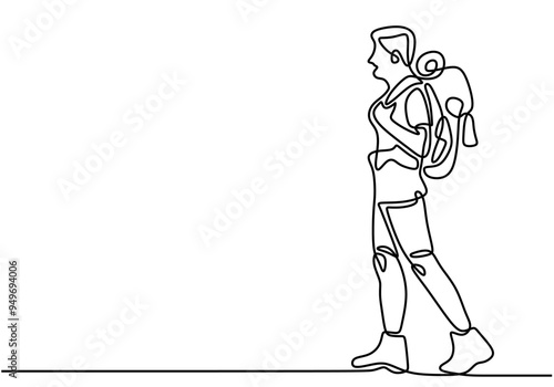 Minimalist vector illustration of a traveler with a large backpack in a continuous line drawing