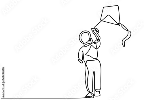 Minimalist Continuous Line Art of a Boy Flying a Kite