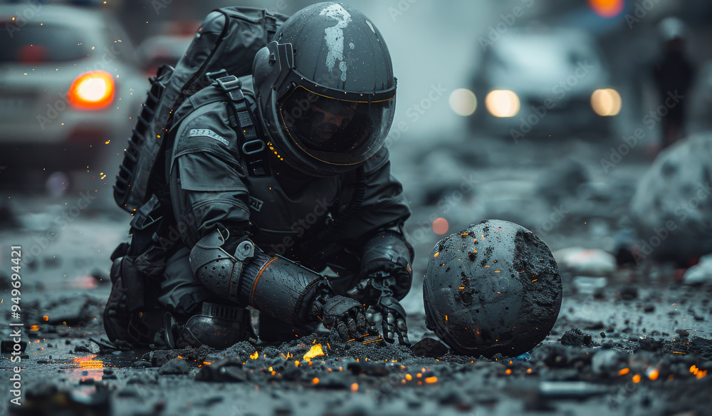 Astronaut explores a desolate street filled with debris at dusk. Astronaut explores a desolate street filled with debris at dusk.