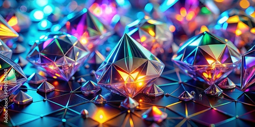 vibrant futuristic crystallography vector pattern with neon glow accents and intricate crystal formations on metallic silver surface with shallow depth of field