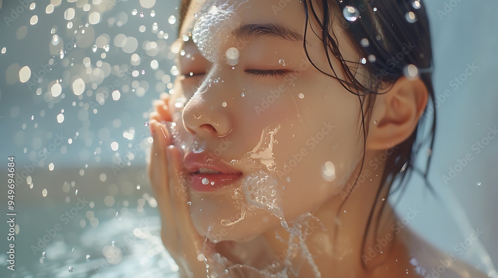 A dynamic shot of an Asian model washing her face, water splashing around her, soft morning light, clean and minimalist bathroom setting, capturing the freshness of the morning routine, hd quality, A dynamic shot of an Asian model washing her face, water splashing around her, soft morning light, clean and minimalist bathroom setting, capturing the freshness of the morning routine, hd quality,
