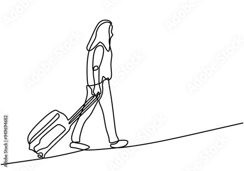 Continuous line drawing of a traveler with a suitcase illustrating travel concept in simple design