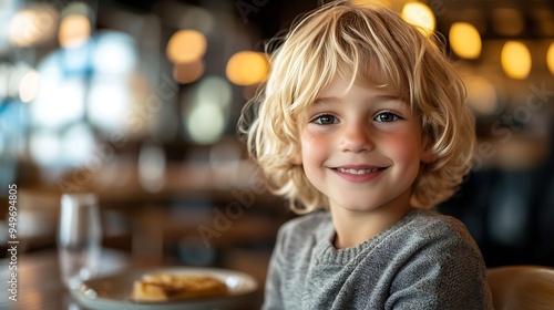young blonde boy sat in restaurant smiling happy with food : Generative AI