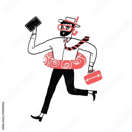 A playful character in business attire runs with a float, briefcase, and snorkel gear, blending work and leisure.