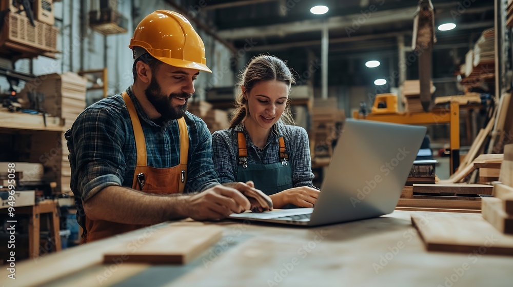 Male And Female Carpenters Working In Woodwork Workshop Using Laptop Together : Generative AI Male And Female Carpenters Working In Woodwork Workshop Using Laptop Together : Generative AI