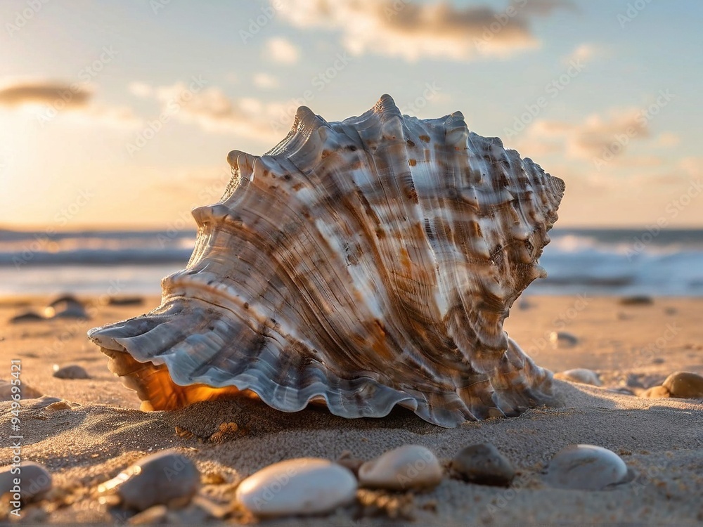 A large seashell sits on a sandy beach at sunset with white rocks and the ocean in the background. A large seashell sits on a sandy beach at sunset with white rocks and the ocean in the background.