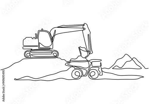 Excavator Filling Dump Truck in Open Pit Mine Vector Illustration