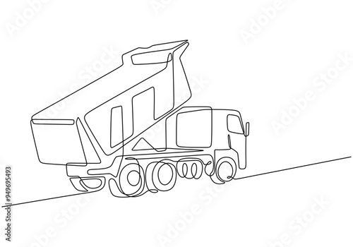 Continuous line drawing of a dump truck in a clean vector design for construction vehicles
