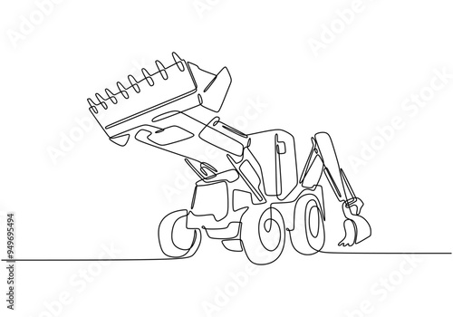 Articulated wheel backhoe loader continuous line drawing in sleek vector design