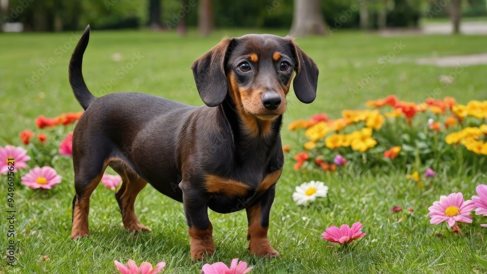 Chocolate and tan smooth haired dachshund dog in flower field Chocolate and tan smooth haired dachshund dog in flower field