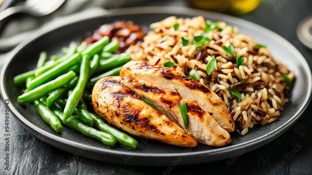 Delicious grilled chicken breast served with green beans and seasoned rice on a black plate, healthy and balanced meal option. Delicious grilled chicken breast served with green beans and seasoned rice on a black plate, healthy and balanced meal option.